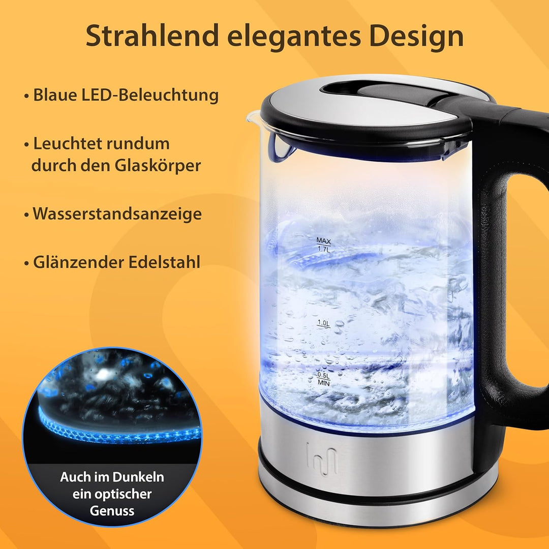 Impolio Classic Wasserkocher Glas, Wasserkocher 1,7L, Wasserkocher Edelstahl mit LED Beleuchtung, Wa