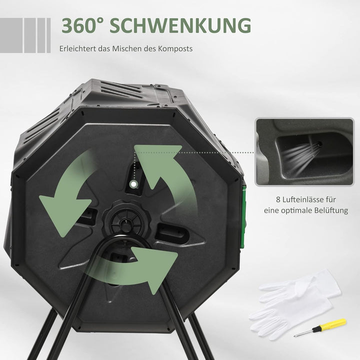 Outsunny Komposter 160L, 71cm x 65cm x 96cm Drehbarer Schnellkomposter aus Kunststoff, Thermokompost
