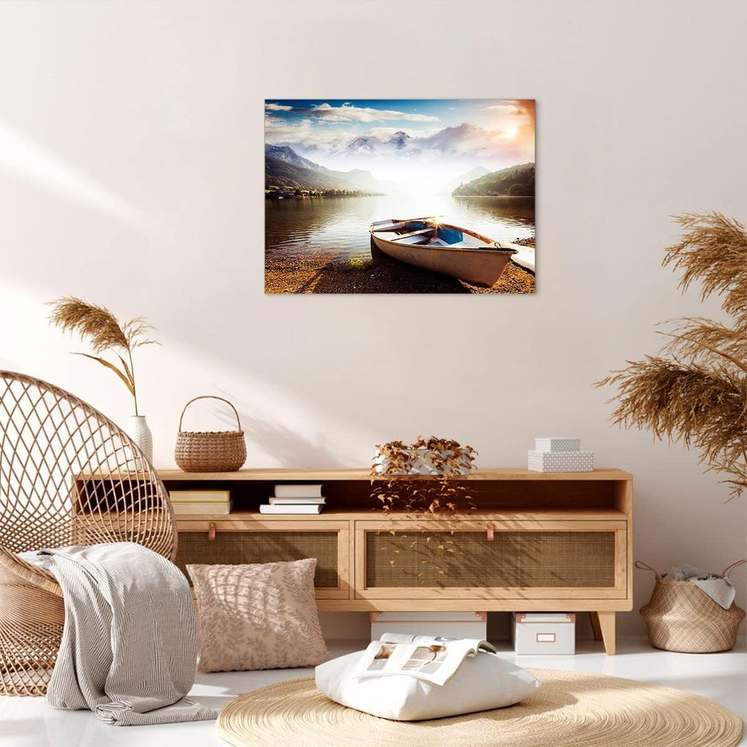 Bilder auf Leinwand Berge See Boot Leinwandbild mit Rahmen 70x50cm Wandbilder Dekoration Wohnzimmer