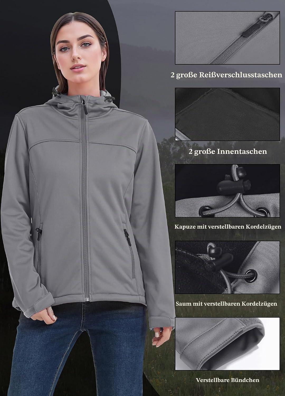 ATLASLAVA Damen Softshelljacke Wasserdichte Atmungsaktive Leichte Fleece Kapuze Übergangsjacke Laufe