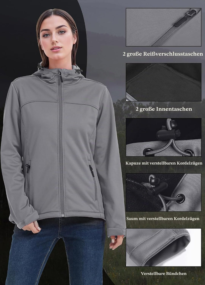 ATLASLAVA Damen Softshelljacke Wasserdichte Atmungsaktive Leichte Fleece Kapuze Übergangsjacke Laufe