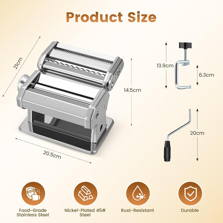 Manuelle Nudelmaschine, Edelstahl Pasta Maker mit zwei Breiten Kutter, 9 Einstellbaren Stärkeeinstel
