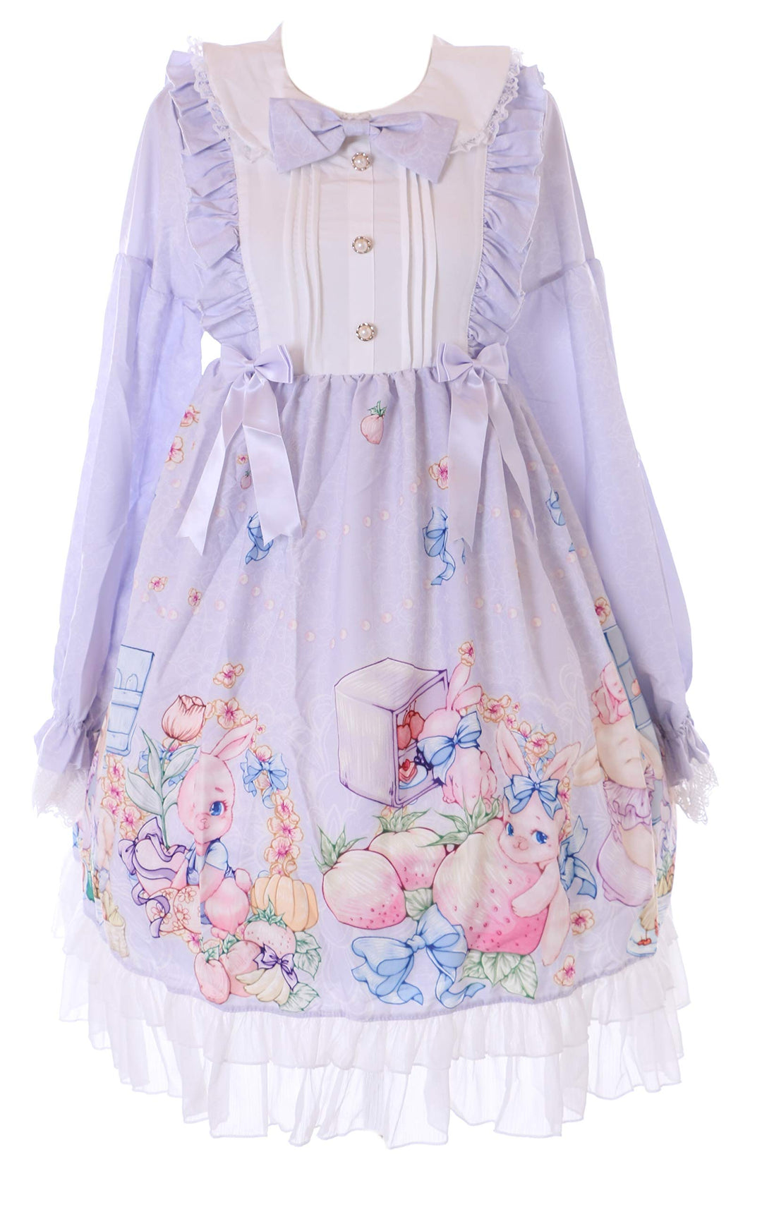 JSK-76-2 Lila Erdbeer Obst Hase Blumen Schleife Langarm Kleid Pastel Goth Lolita Cosplay Kostüm Kawa