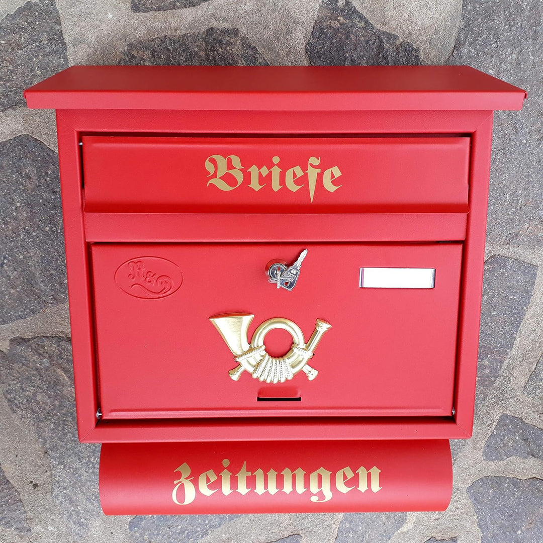 Grosser Briefkasten/Postkasten XXL Rot matt mit Abnehmbarer Zeitungsrolle Flachdach Katalogeinwurf Z