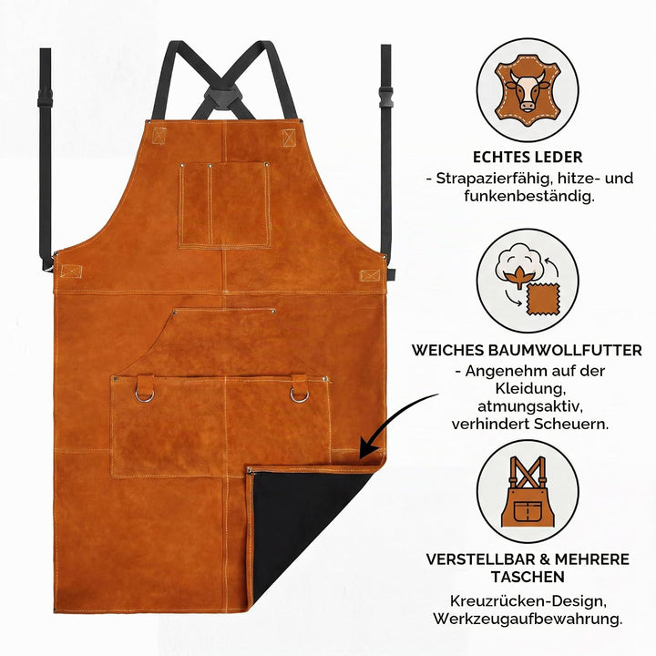 ONETIAN Schweissschürze aus Leder mit Futter und mehreren Taschen, hitze- und schwer entflammbar, ro
