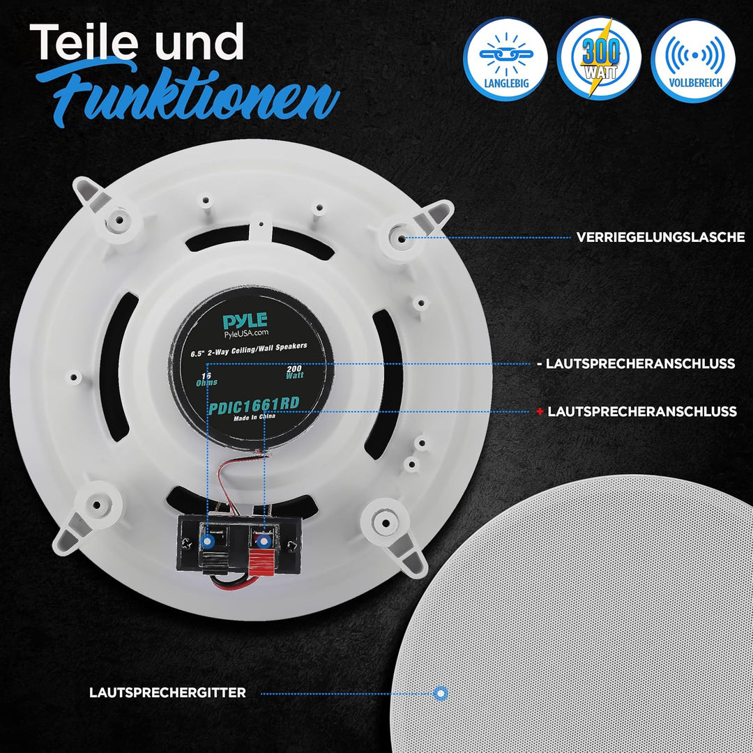 Pyle 16.5cm- Deckenlausprecher Einbaulausprecher, Wandlautsprecher, Flache Lautsprecher, 200W- 2 Weg