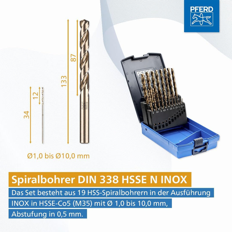 PFERD Spiralbohrer-Set INOX, 19-tlg. | Ø 1-10 mm, HSS-E Co5 N, DIN 338, 135° | 25203703 - für zähe u