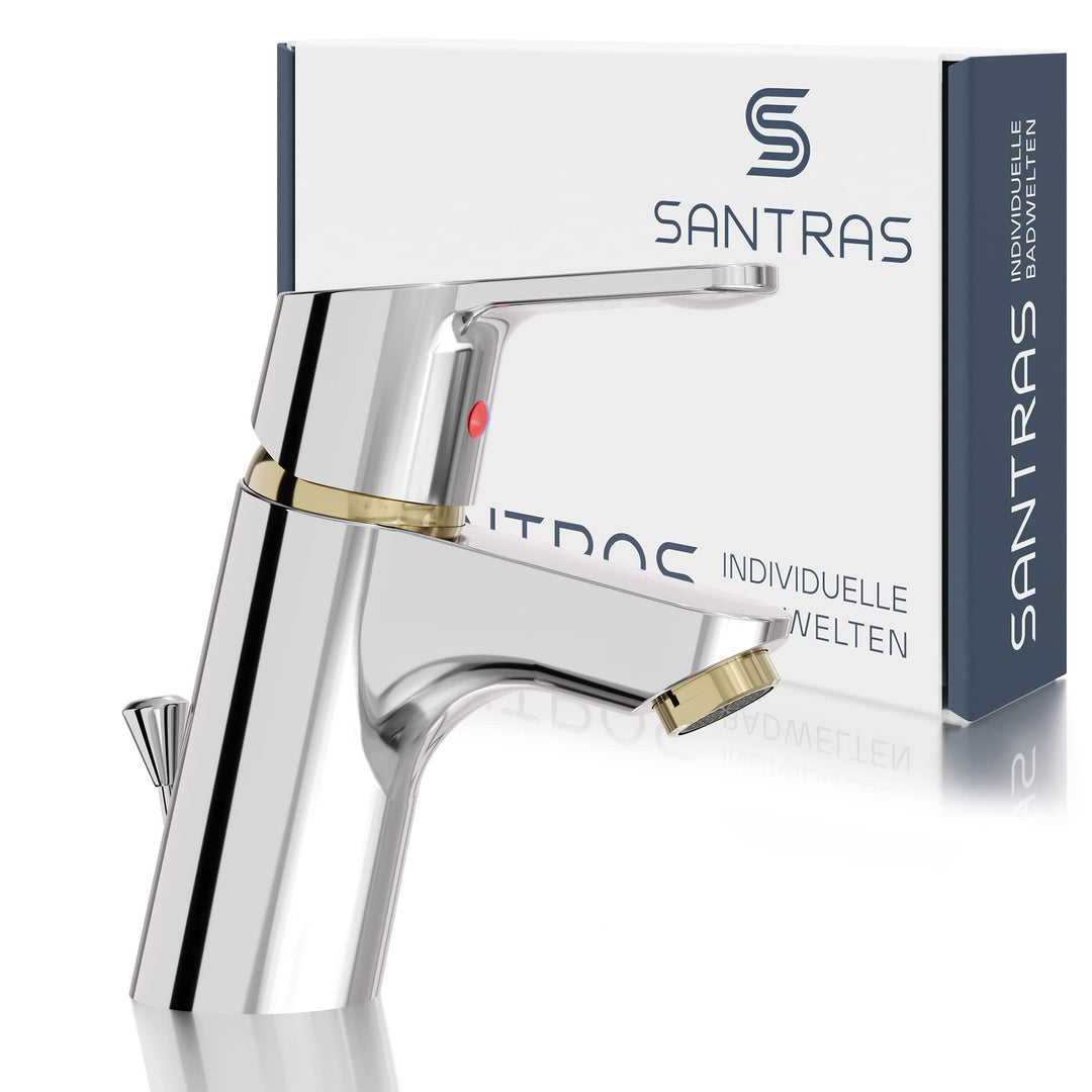 SANTRAS® Waschtischarmatur Bad in Chrom/Gold mit Zugstange – Einhebelmischer/Einhand-Mischarmatur wa
