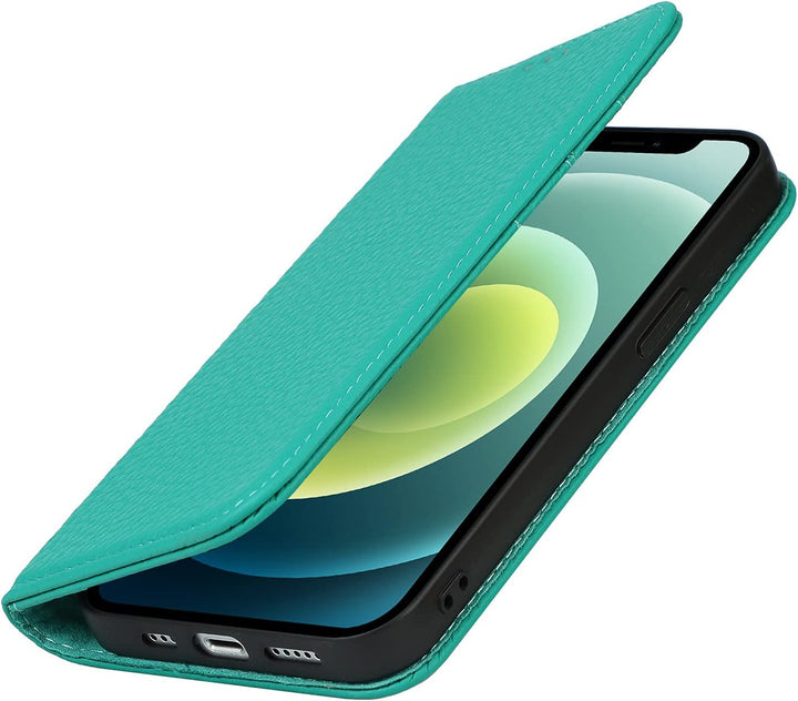 SailorTech Brieftasche Hülle für iPhone 13, Luxus Litschi Genarbtes Echtleder Hülle mit Handschlaufe