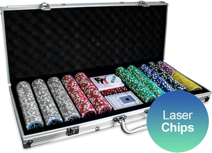 Eaxus® Deluxe Pokerkoffer - Hochwertiges Profi Pokerset mit 500 Laser Chips, Kartendecks & Würfeln D
