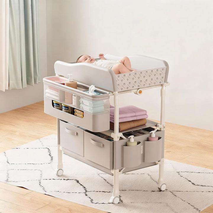 Tragbarkeit Klappbarer Wickeltisch, Multifunktionaler Baby Wickelkommode mit Schubladen, Höhenverste