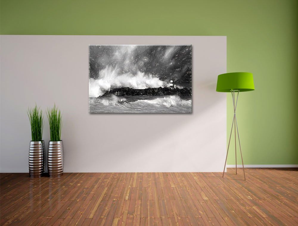 Pixxprint Tobendes Meer mit Leuchtturm als Leinwandbild/Grösse: 100x70 cm/Wandbild/Kunstdruck/fertig