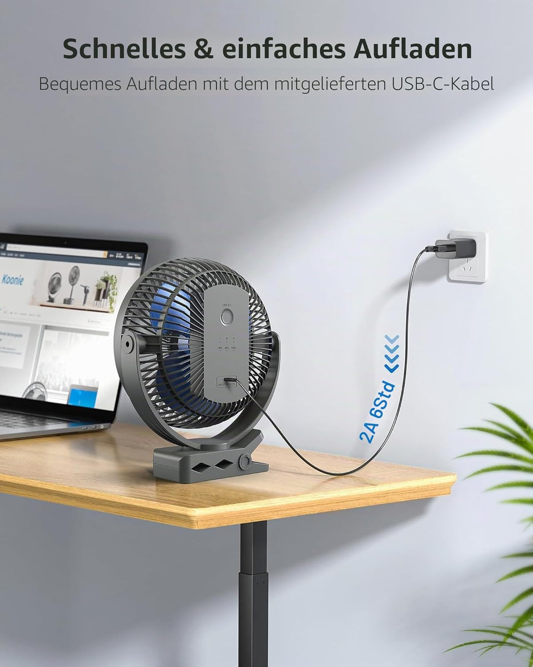 Koonie 20cm Tragbarer Clip-On-Ventilator, USB-Tischventilator mit 10.000 mAh Akku, 4 Geschwindigkeit