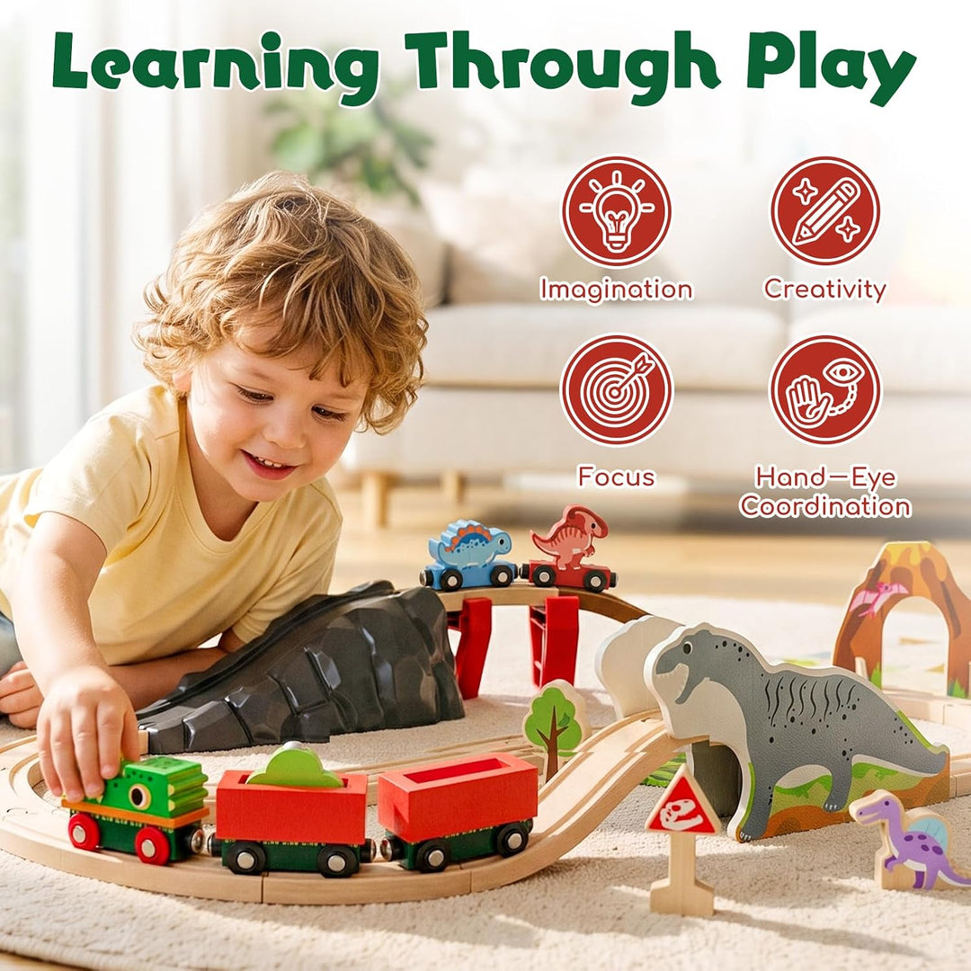 Lehoo Castle Holzeisenbahn, Holz Eisenbahn Kinder, Dinosaurier Spielzeug Holzeisenbahn Schienen, Din