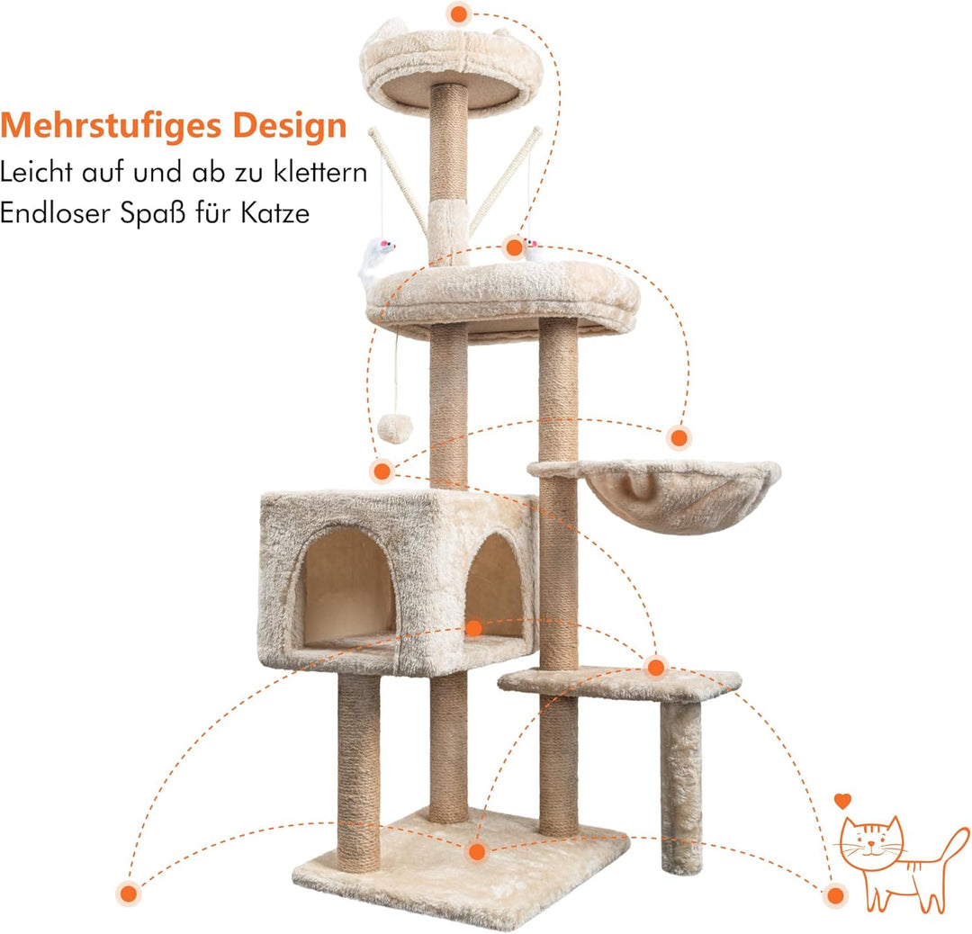 Katzen Kratzbaum, 145 cm Katzenbaum Kletterturm, Kletterbaum Aktivitätskratzbäum mit Säulen vollstän