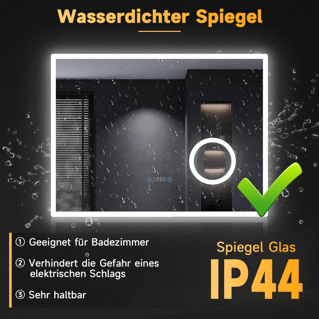 SONNI LED Badspiegel 120x60 cm, Touchschalter mit Uhr & Temperatur, 3 Lichtfarben für Make-up, Antib