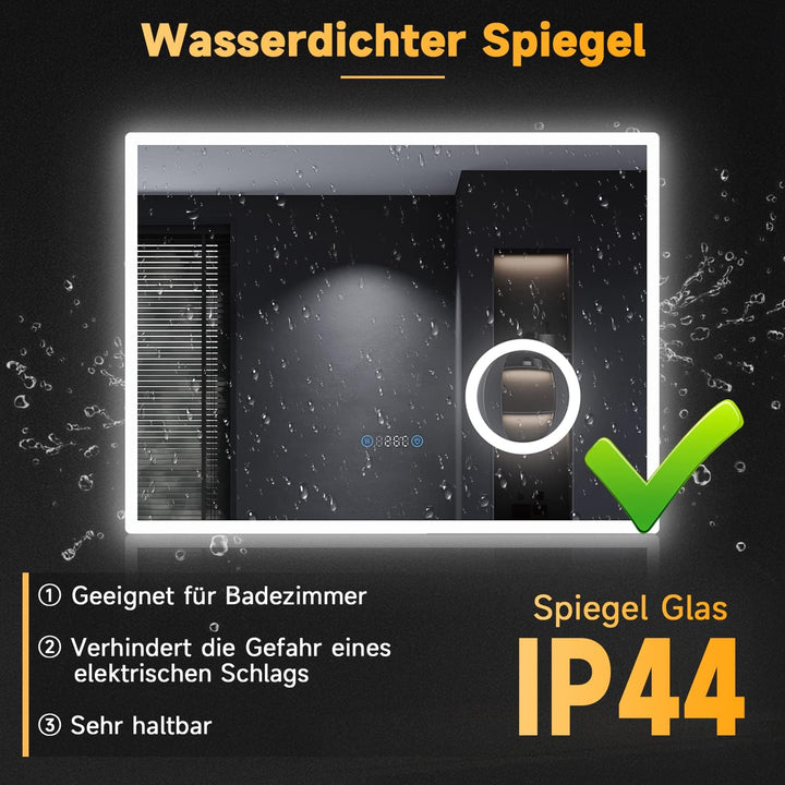 SONNI LED Badspiegel 120x60 cm, Touchschalter mit Uhr & Temperatur, 3 Lichtfarben für Make-up, Antib