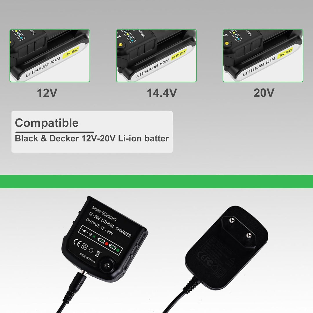 Ladegerät Kompatibel mit Black & Decker: Ladegerät 18V/20V Lithium-Akku für Black & Decker 10,8V/14,