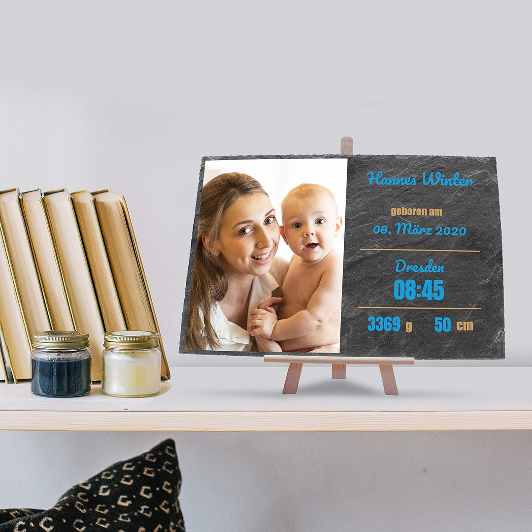 wandmotiv24 Schieferplatte mit eigenem Foto zur Geburt, 30 x 20 cm, inklusive Staffelei, Babyfoto, G