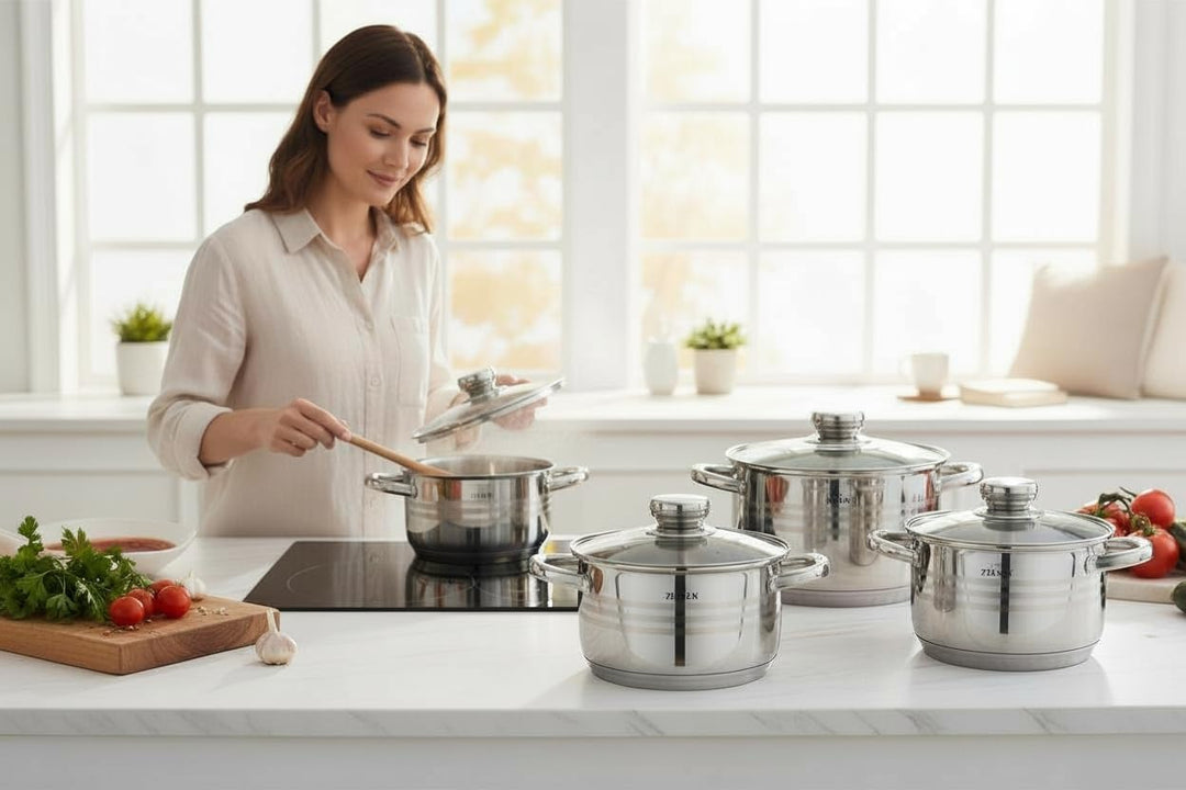 Zilner Topfset - Kochtopf Set 12-teilig - Edelstahl - mit Glasdeckeln - für alle Herdarten - Silber