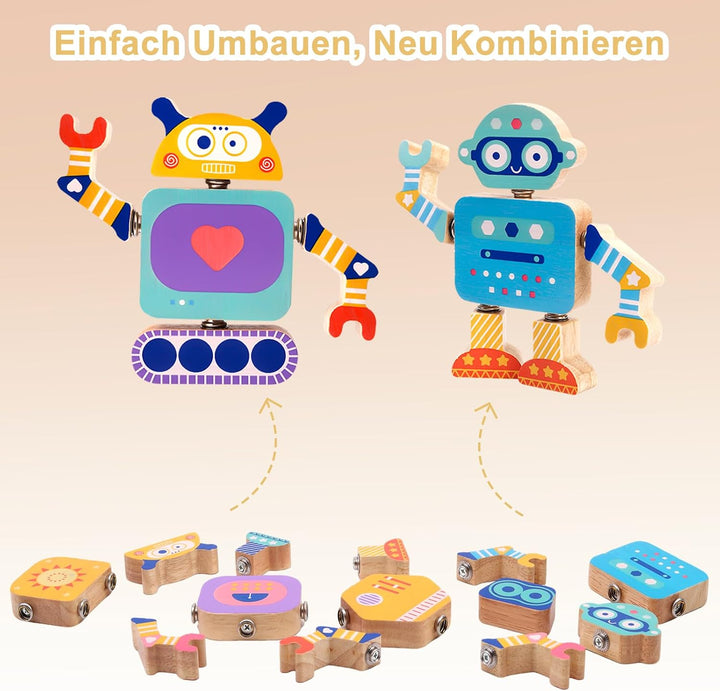 Montessori Spielzeug ab 3 Jahre, 33-TLG. Holz-Roboter-Bauset | Einfaches Stecksystem mit beweglichen