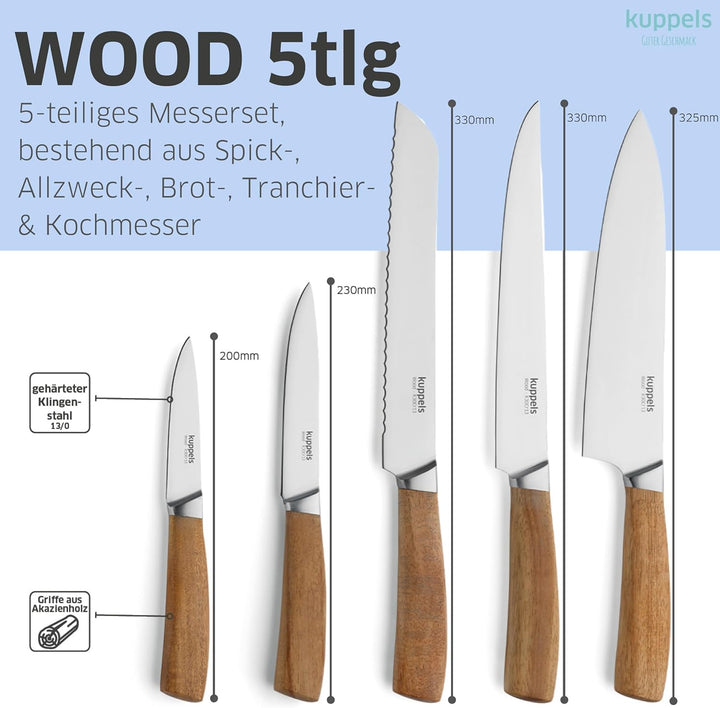 Kuppels Wood Messerblock mit Messer Set 5-teilig | Spickmesser, Allzweckmesser, Fleischmesser, Kochm
