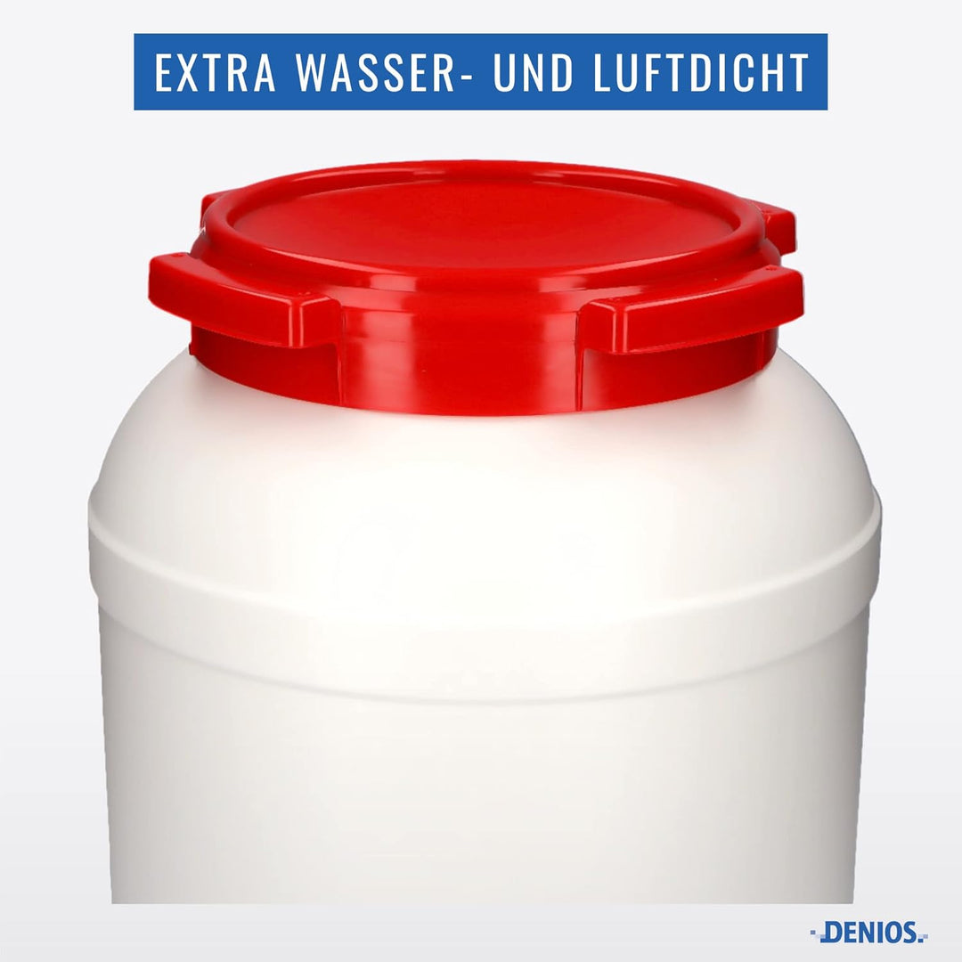 DENIOS® Weithalsfass WH 26, aus Polyethylen (PE), 26 Liter Volumen, weiss/rot, maximal sicher, 26 Li