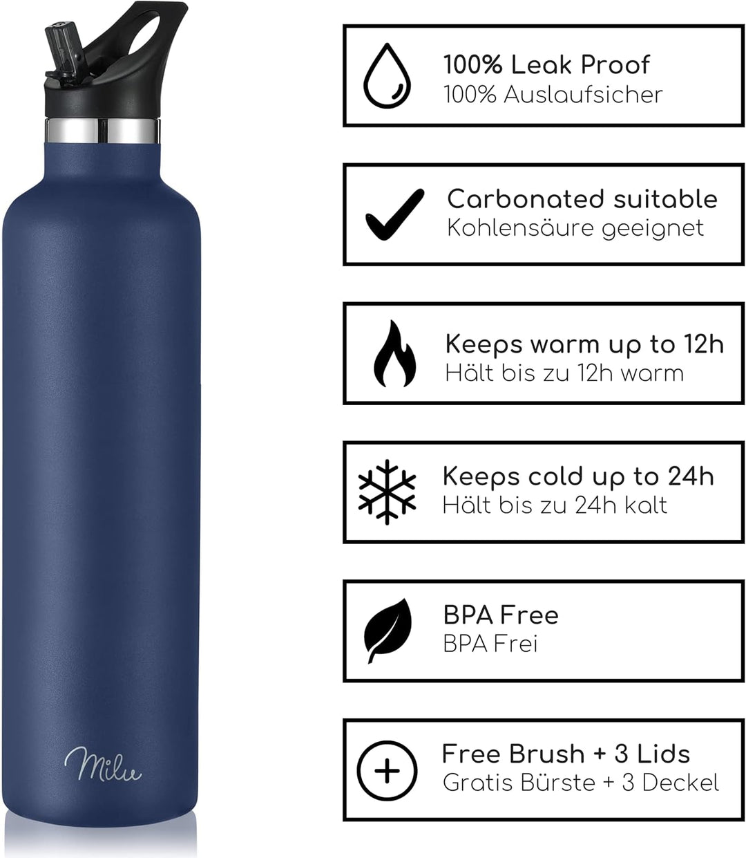 Milu Edelstahl Trinkflasche 350ml 500ml 750ml 1000ml (+3 Deckel) - Thermosflasche mit Strohhalm, Iso