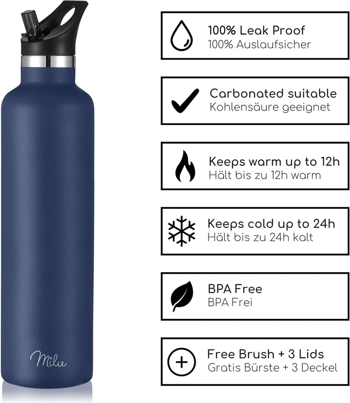 Milu Edelstahl Trinkflasche 350ml 500ml 750ml 1000ml (+3 Deckel) - Thermosflasche mit Strohhalm, Iso