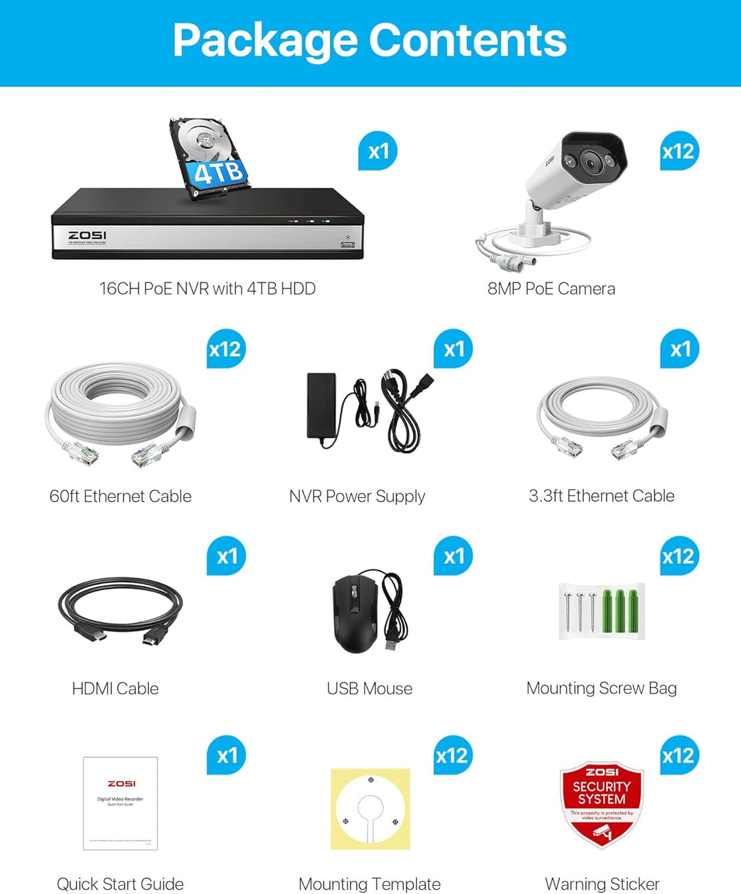 ZOSI 4K PoE Überwachungskamera Set Aussen mit 2 Wege Audio, 12x 8MP PoE IP Kamera Überwachung und 16