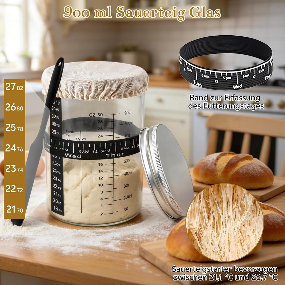 Sauerteig Starter Set 18-teilig mit 900ml Sauerteig Glas, klappbaren Silikon-Gärkörbchen (25cm Oval