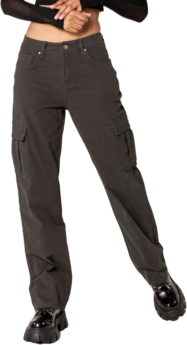 Nina Carter Q1885 Damen Cargo Jeans High Waist Cargohose Stretch Straight Leg Hose S Dunkelgrau (Q18