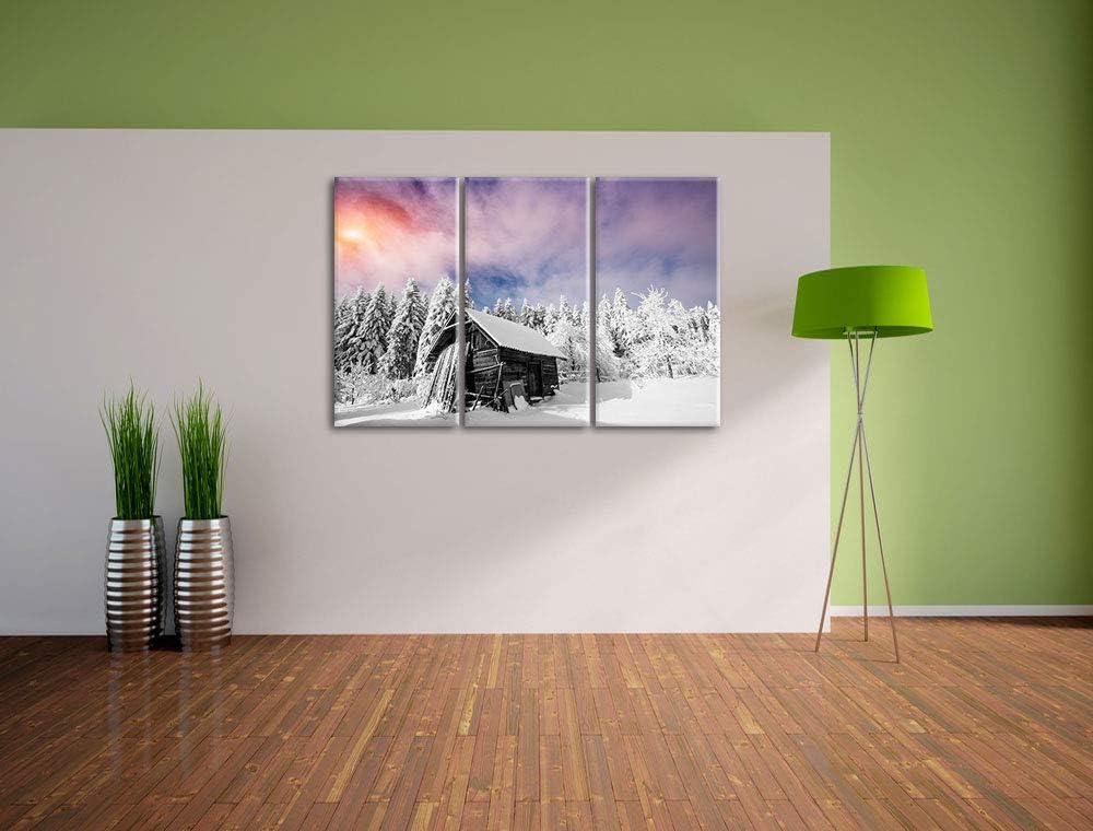 Einsame gemütliche Holzhütte im Schnee schwarz/weiss 3-Teiler Leinwandbild 120x80 Bild auf Leinwand,