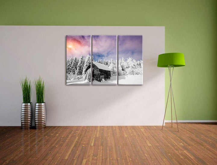 Einsame gemütliche Holzhütte im Schnee schwarz/weiss 3-Teiler Leinwandbild 120x80 Bild auf Leinwand,
