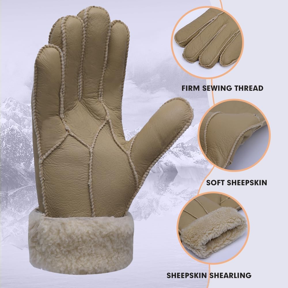 MGGMOKAY Damen Lederhandschuhe Schaffell Handschuhe aus Shearling Warme Winterhandschuhe XL Beige, X