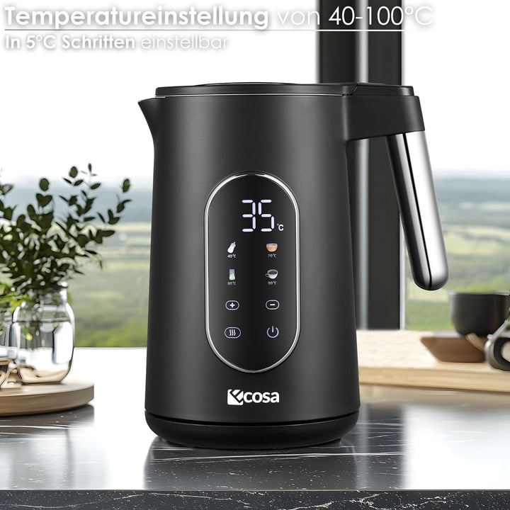 Wasserkocher Edelstahl mit Temperatureinstellung (40°C-100°C) 1,7 Liter 2200 Watt Teekocher 100% BPA