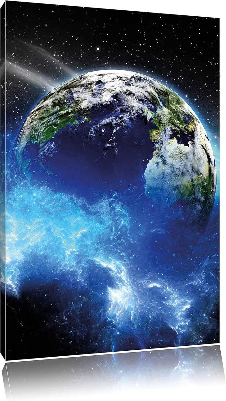 Pixxprint Erde im Kosmos Nebel schwarz/weiss als Leinwandbild/Grösse: 120x80 cm/Wandbild/Kunstdruck/