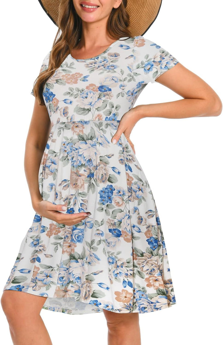 Bearsland Women’s Long Sleeve Maternity Dresses Patchwork Pregnancy Dress with Pocket S Blue Rose, S