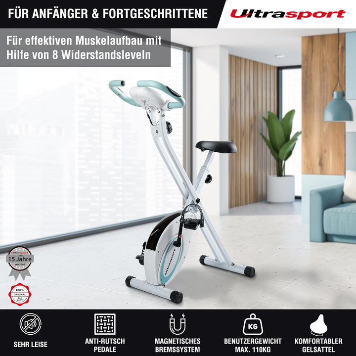 Ultrasport F-Bike, Fahrradtrainer, Heimtrainer, klappbarer Hometrainer, LCD Display, opt. Handpulsse