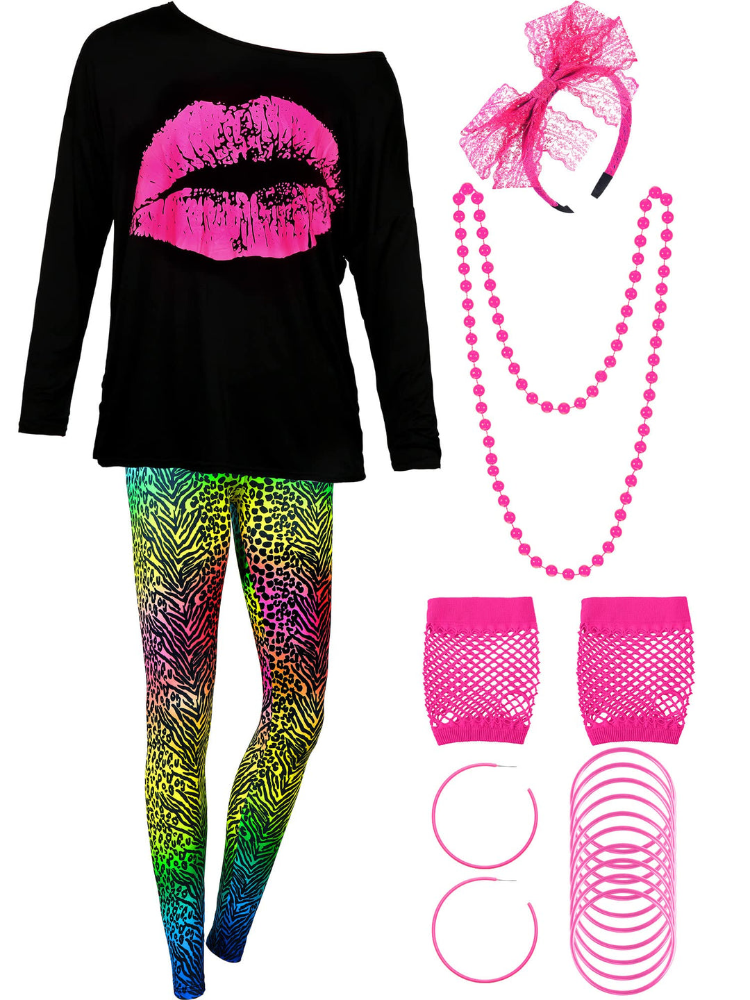 80er Jahre Damen Kostüm Set, T Shirt, Legging Hose Ohrring Halskette Handschuhe Armband(Lange Ärmel