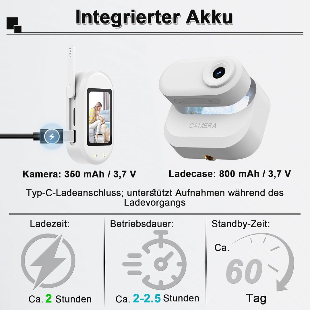 Mini-Bodycam 1080P HD, Tierkamera für Halsbänder mit kabelloser Ladestation – Daumen-Sportkamera mit