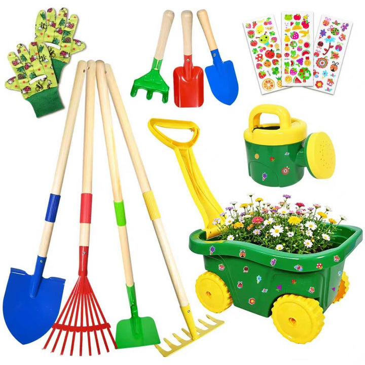 Schubkarre für Kinder, 13 Gartenwerkzeug Set für Kinder, Gartenset mit Schubkarre Kind, Kinderschubk