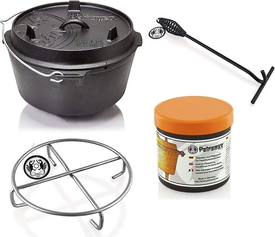 Petromax Feuertopf Starterset ft4.5-t (Dutch Oven Planer Boden) inkl. Deckelheber + Pflegepaste + Un