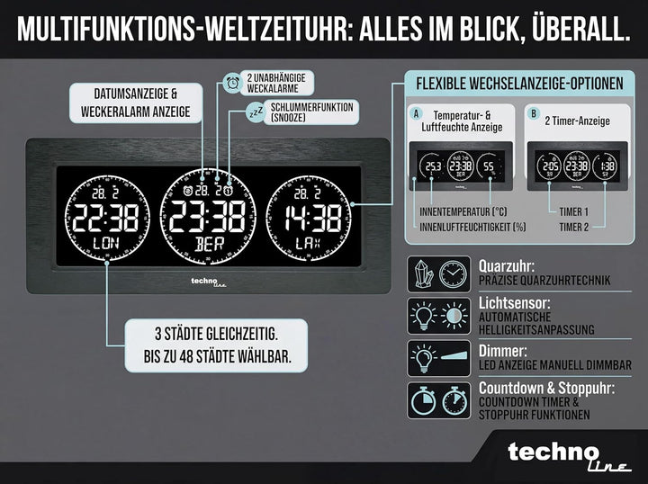 Technoline Digitale Weltzeituhr, 3 Zeitanzeigen, frei programmierbar (lassen Sie sich Ihren Wohnort