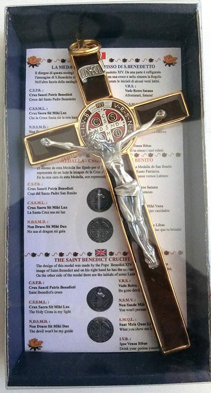 10.004.21 Brown Kreuz Gold Braun San Benedikt 20 cm emailliert mit Box Gift Saint Benedict Erstaunli