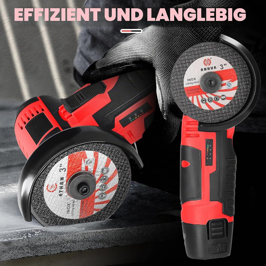 WingFly Mini Winkelschleifer, 12V Akku Winkelschleifer Set Mit 2 x 2000mAh Batterien, 19500rpm, 76mm