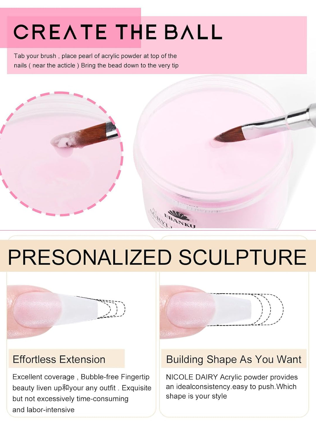 EBANKU Acrylpulver Set 480G, 4 Farben Acrylnagelpulver Professionelles Acrylpulver für Nagelacrylver