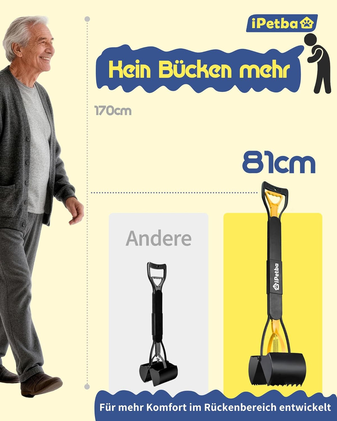 IPETBA 80 cm Grosser Hundekotschaufeln Langer Griff Hundekotsammler Kein Bücken Nötig für Hunde und