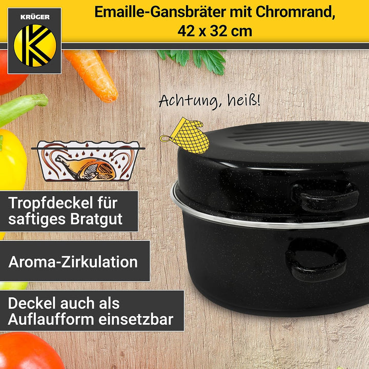 Krüger Emaille-Gansbräter mit Tropfdeckel - hochwertiger Bräter - für alle Herdarten geeignet - herv