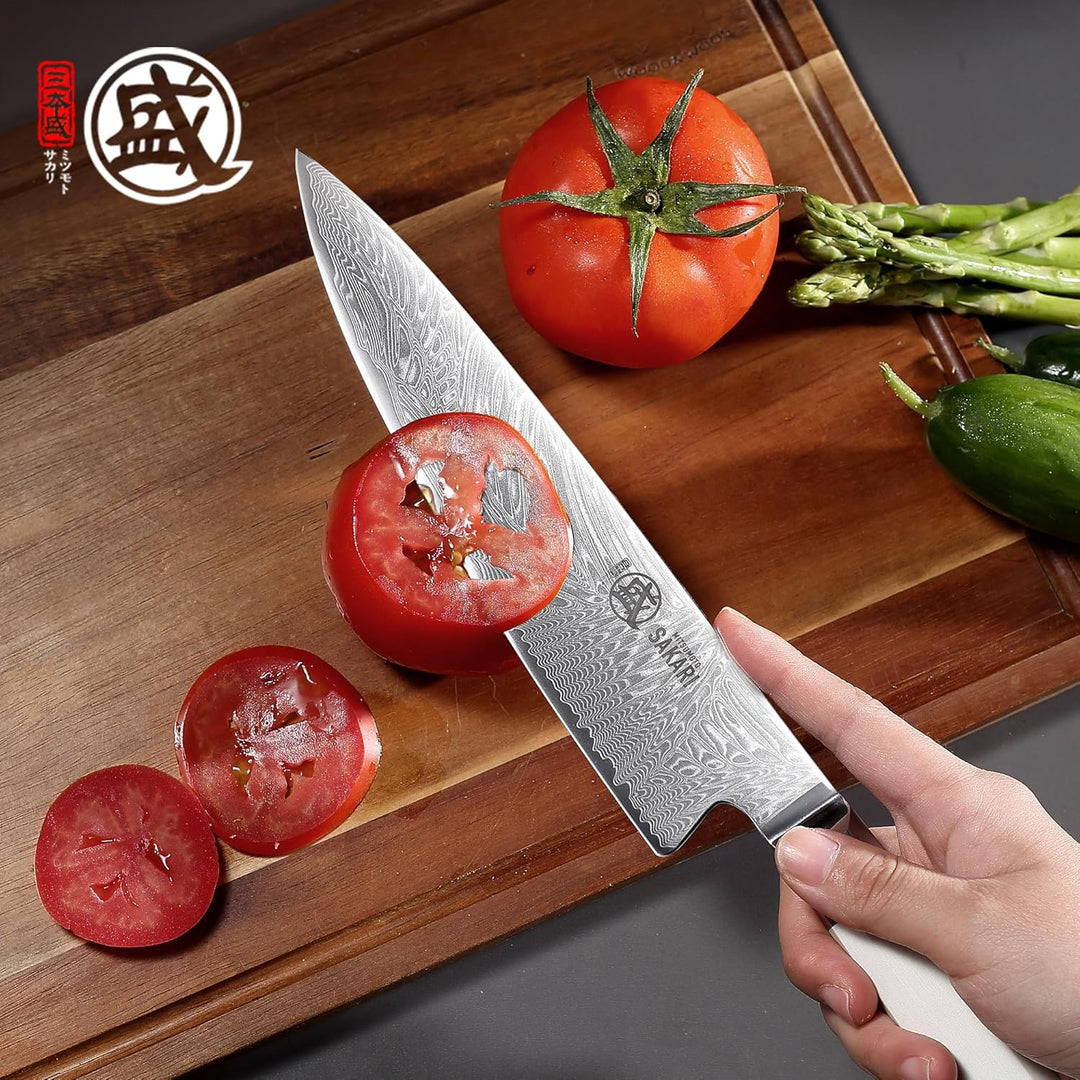 MITSUMOTO SAKARI Japanisches Damast-Küchenmesser, 8 Zoll Klinge aus Extrem Scharfem VG-Pro Stahl, Pr